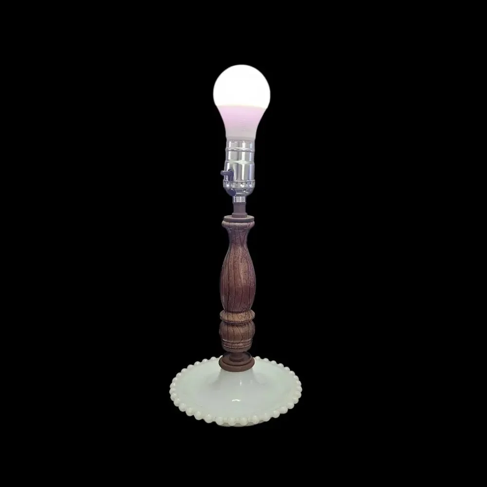 Vintage Milk Glass Hobnail Base Table Lamp Wood Stem Accent Light